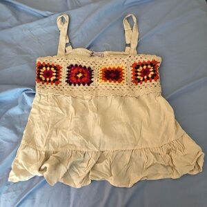 Crochet-Trim Cream Camisole Top with Colorblock Accents